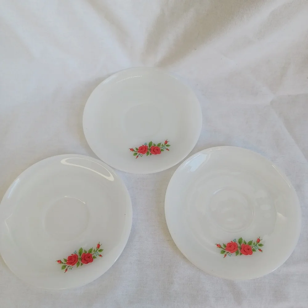 Vintage Anchor Hocking Fire King Roses Coffee Cup Saucers Set of 3